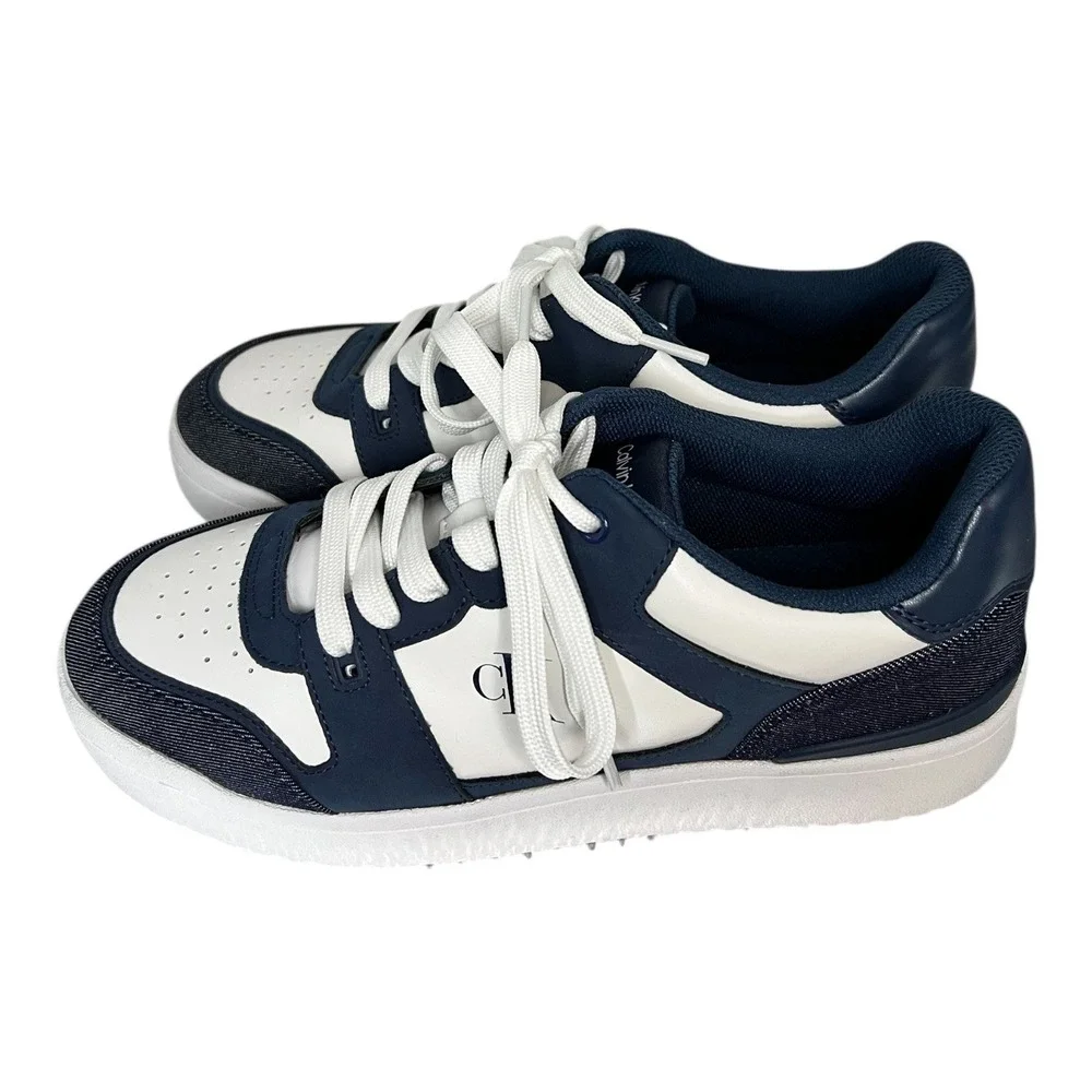 Calvin Klein Men's White Navy Leather Suede Trim Low Top Sneakers Size 11W